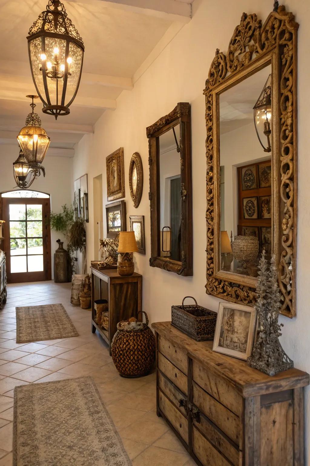 A farmhouse entryway revitalized by the sophistication of antique mirrors.