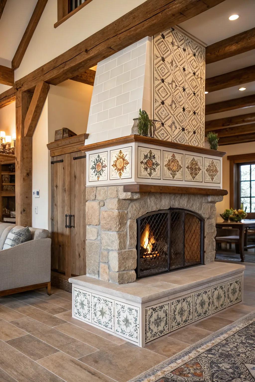 A configured farmhouse fireplace exhibiting united resources.
