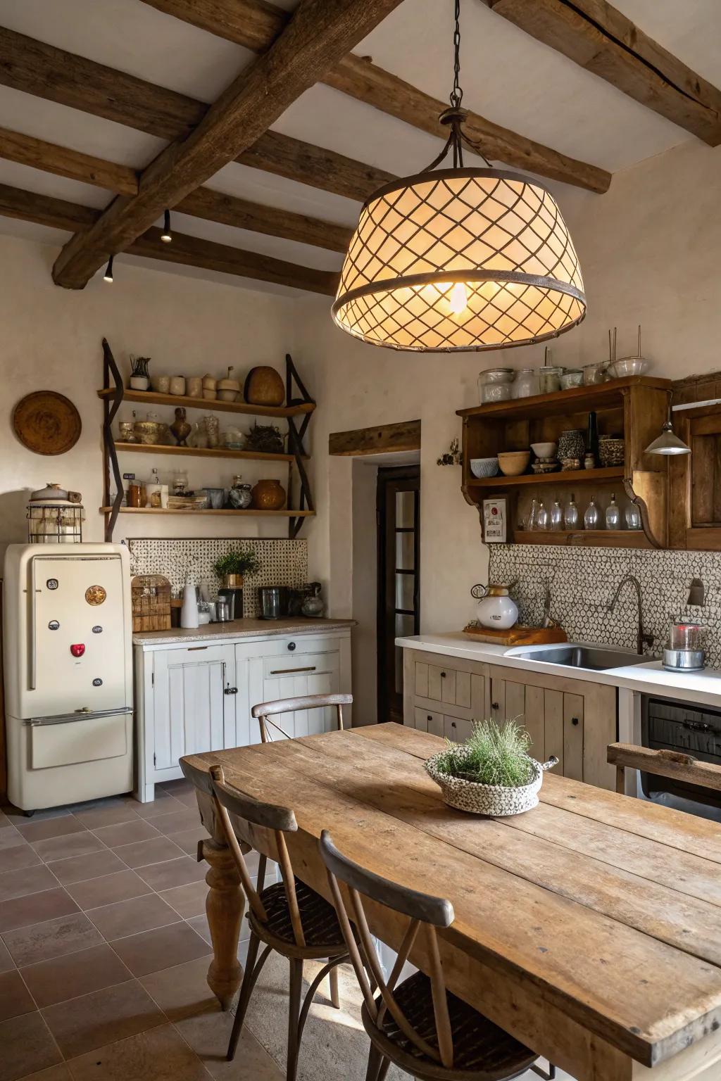 An eye-catching pendant fixture illuminating a snug farmhouse kitchen.
