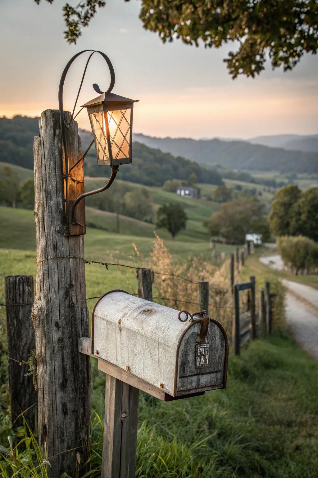 A suspended lantern enhances this farmhouse mailbox with a sense of warmth and charm.