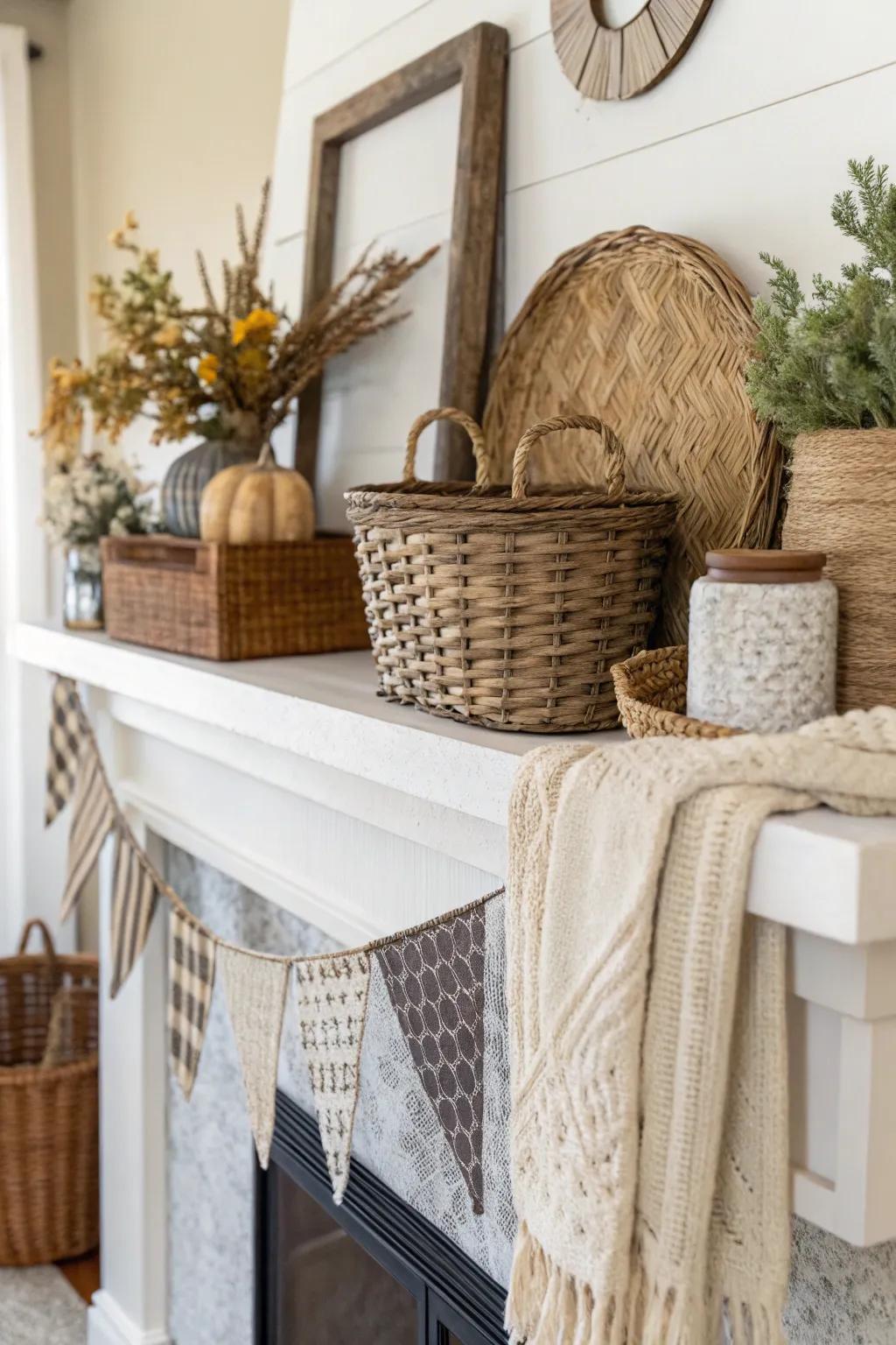 Layered textures create depth and interest on the mantel.