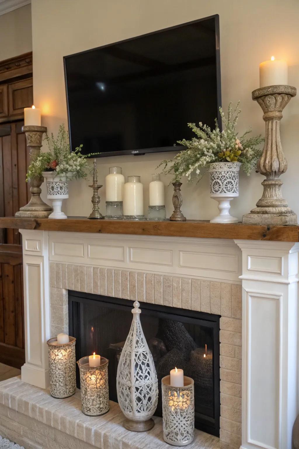 Farmhouse mantel featuring a TV above, enhanced by chic pitchers and soft illumination.