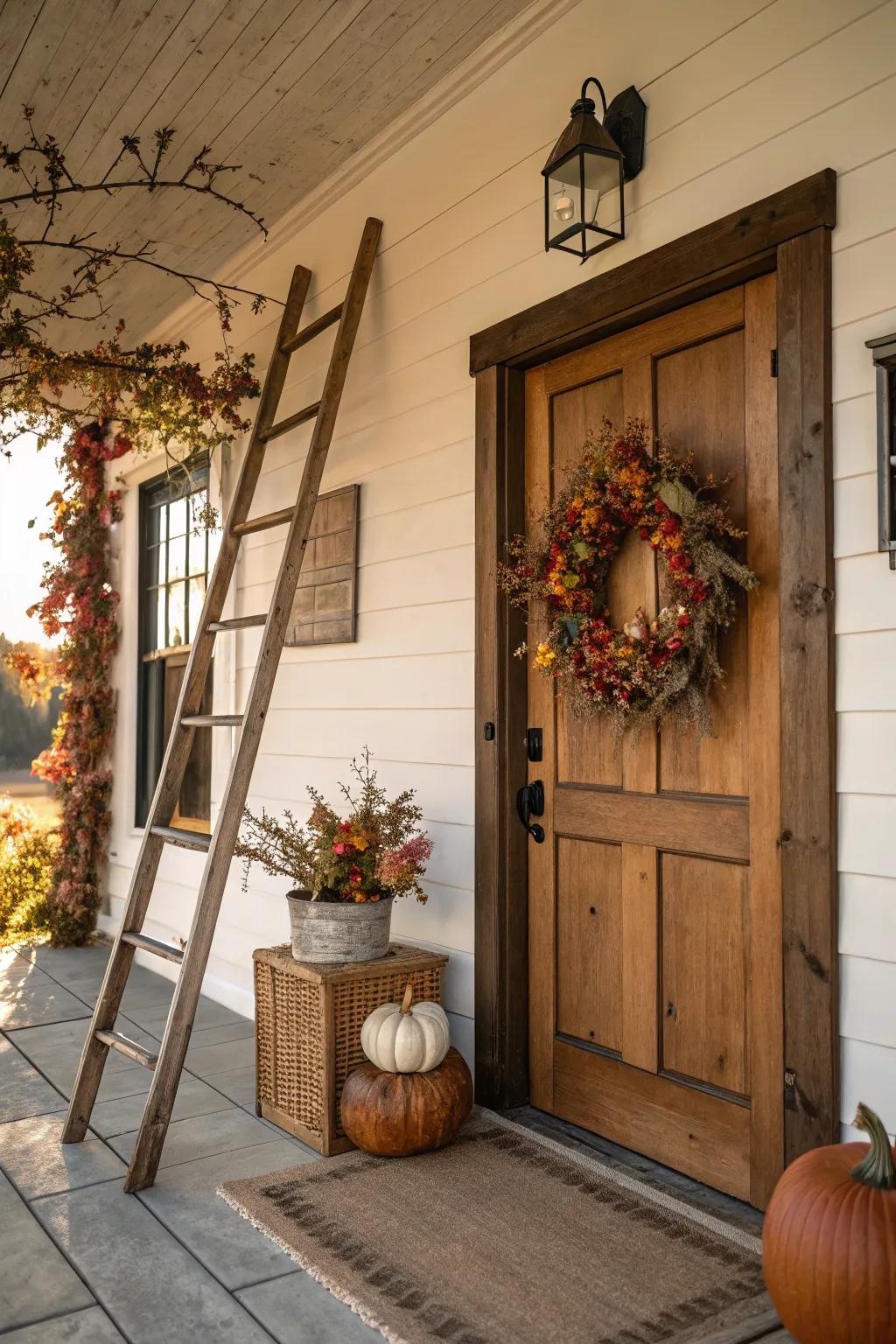A seasonal garland display on a ladder, setting a welcoming tone in the entryway