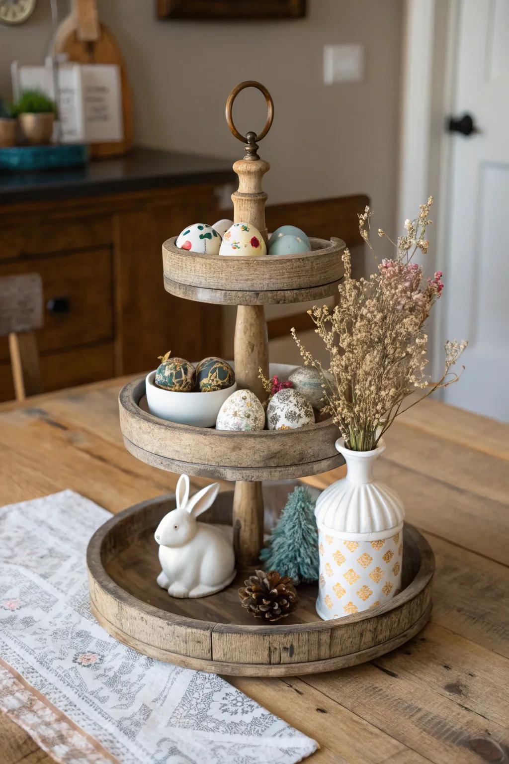 A multi-tiered wooden stand introduces elevation and proportion to your farmhouse table centerpiece.