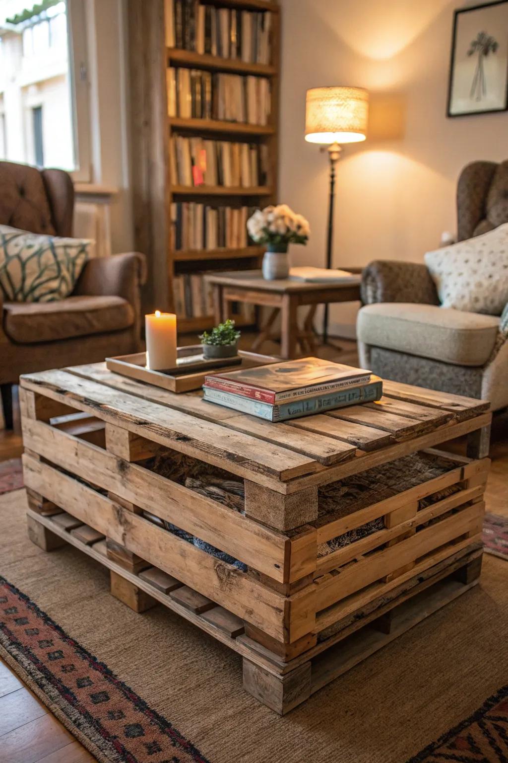 Charming farmhouse-style center table crafted from stacked boxes.