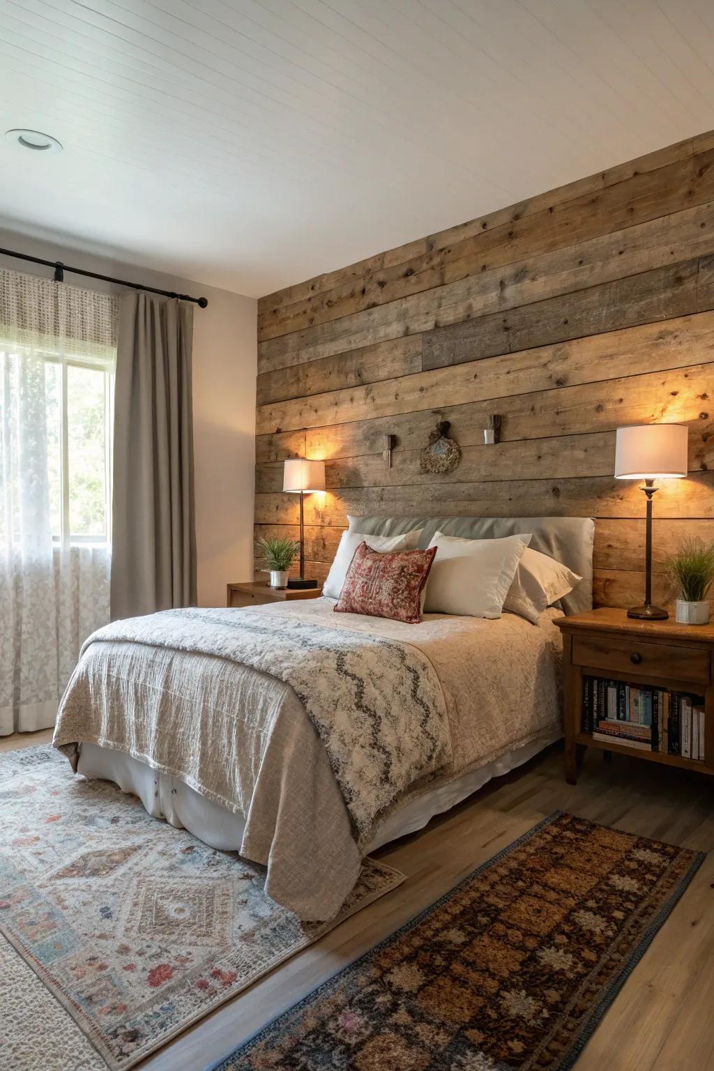 Reclaimed wood creates a cozy and inviting bedroom atmosphere.