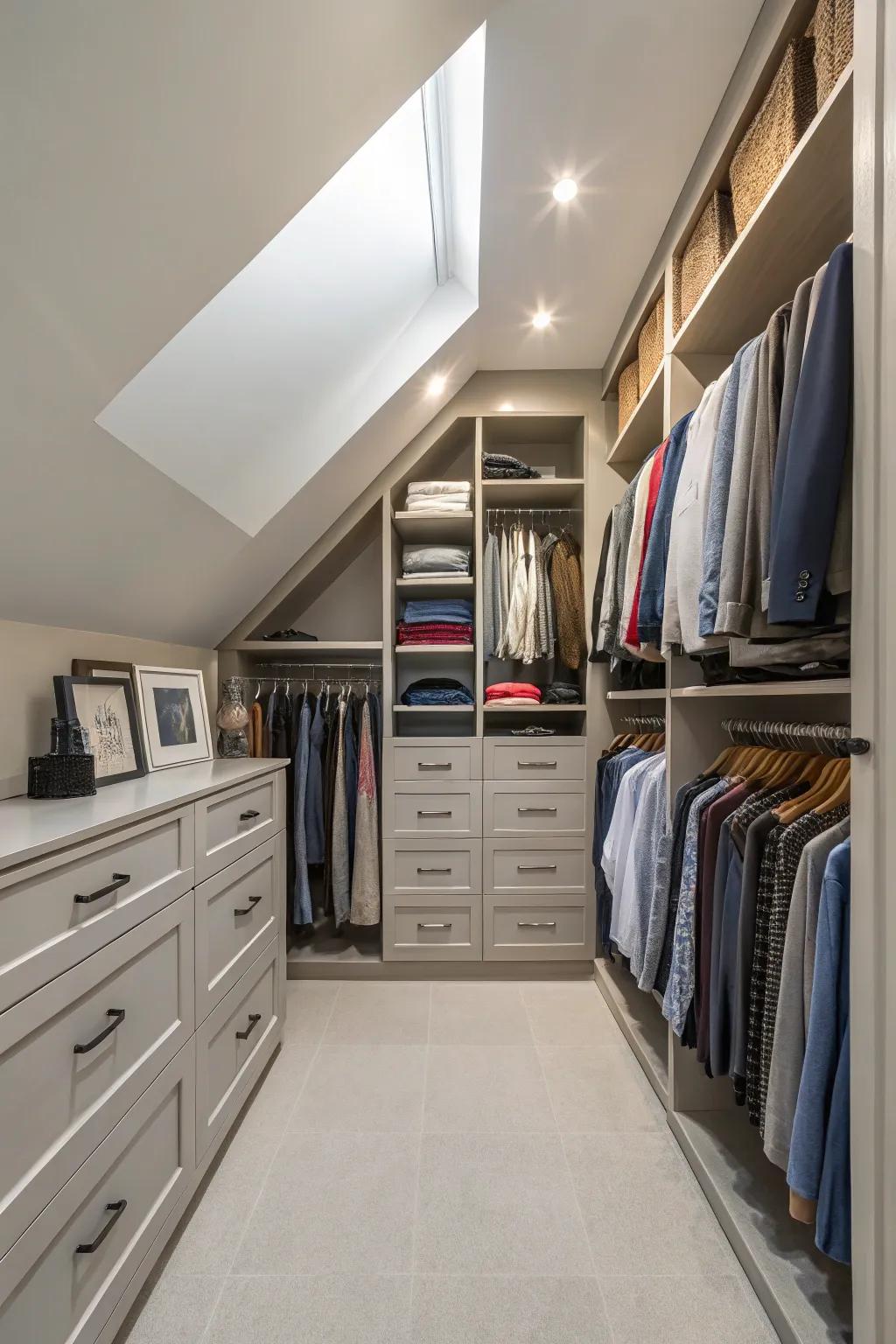 A custom closet that maximizes attic space efficiently.