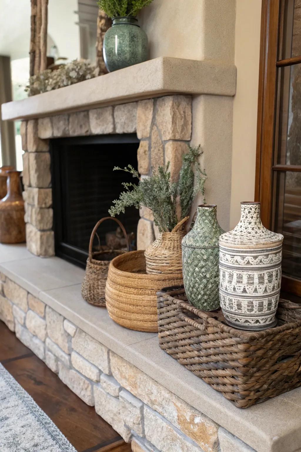 Depth and storage options are boosted with the addition of textured baskets and vases to the hearth.