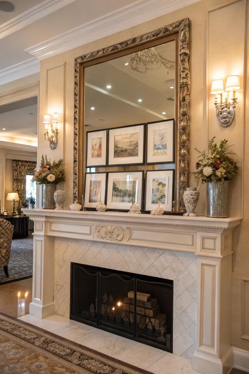 Tiered art and reflections enhancing the mantel’s visual allure.