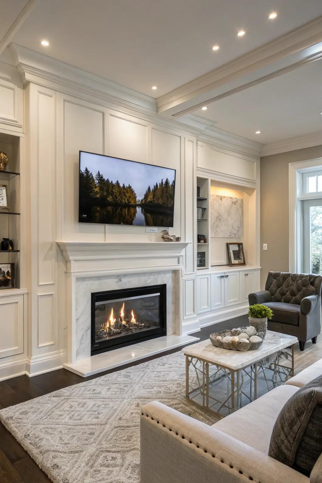 A smoothly integrated TV above the fireplace offers a contemporary feel.