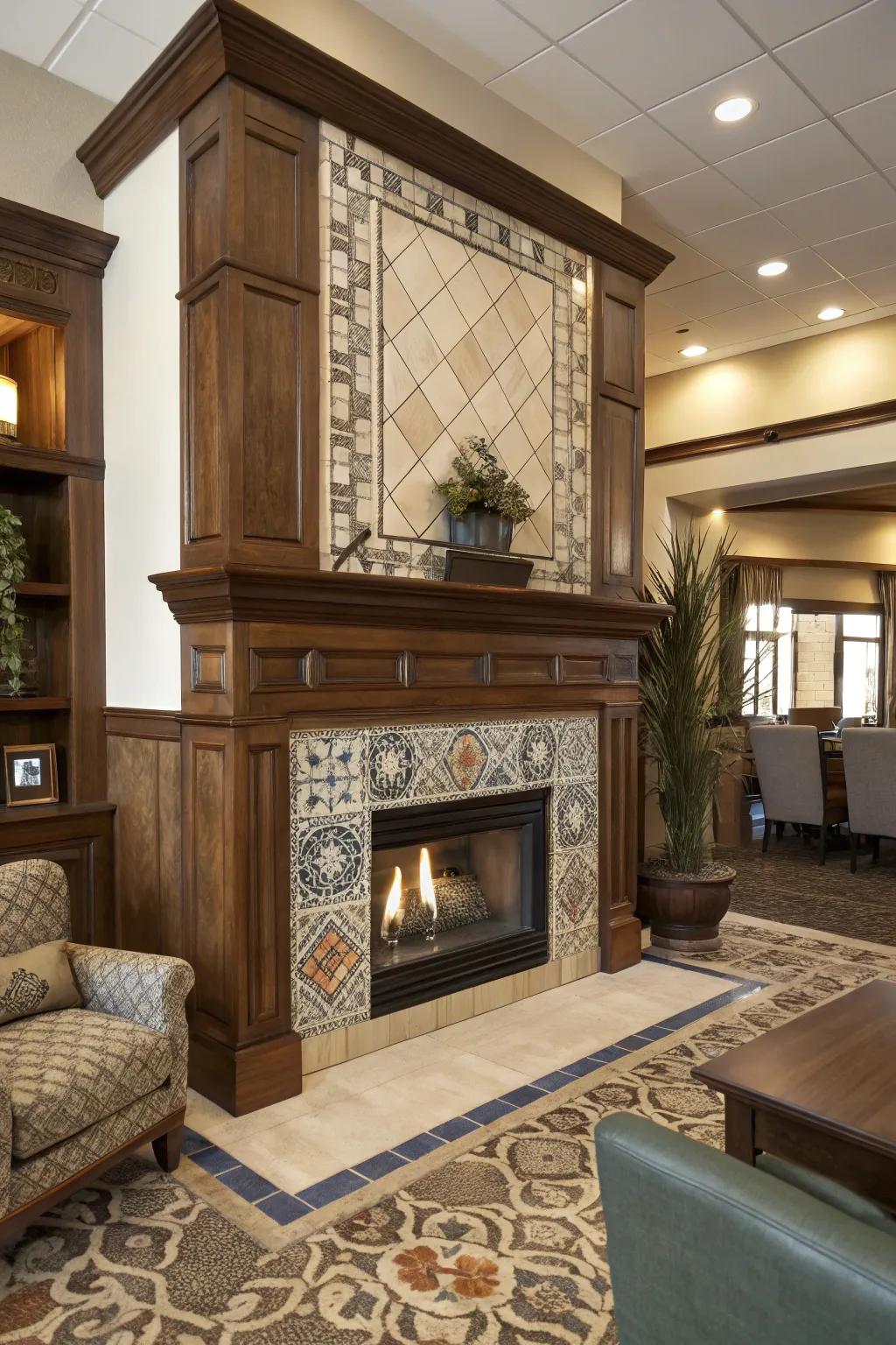 A fireplace exhibiting a fusion of materials, crafting a layered aesthetic.