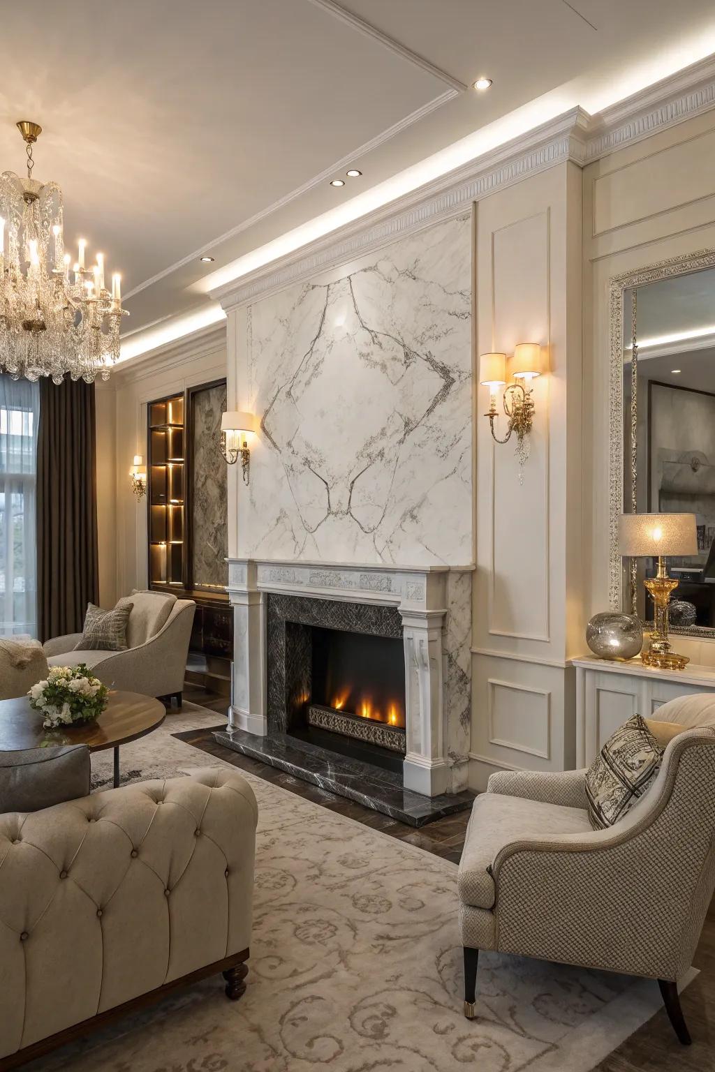 Marble grandeur epitomized through this breathtaking fireplace wall.