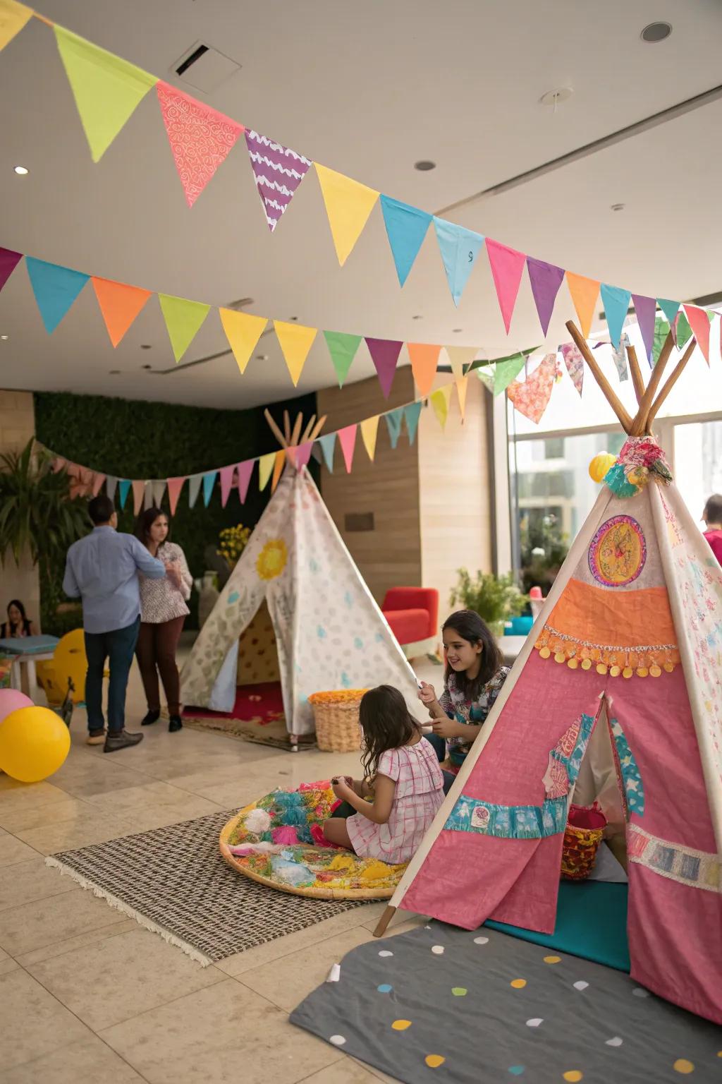 Themed supports like mini tents adding charm to a 'Wild One' birthday party.