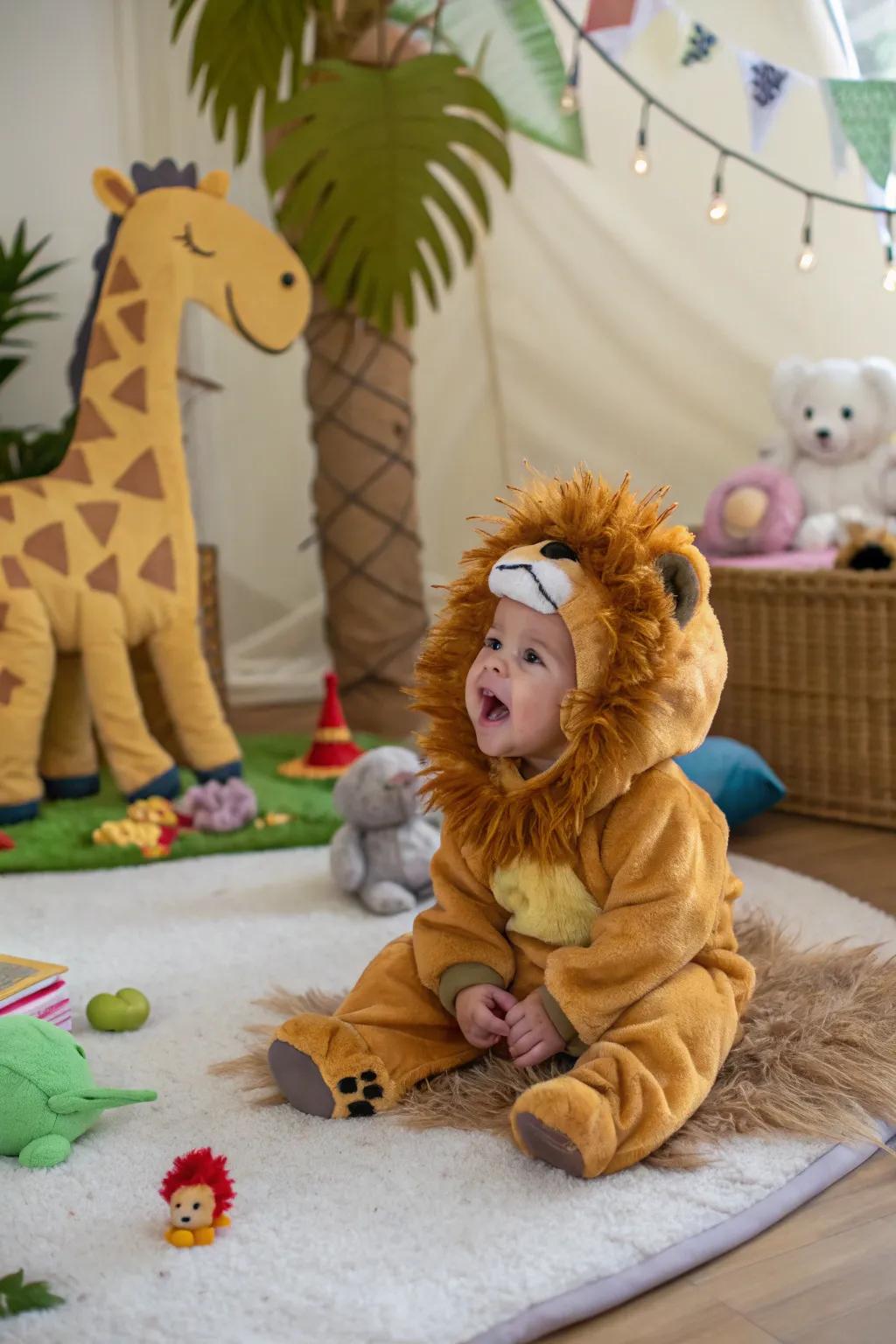 A majestic feline attire for your little one's inaugural escapade.
