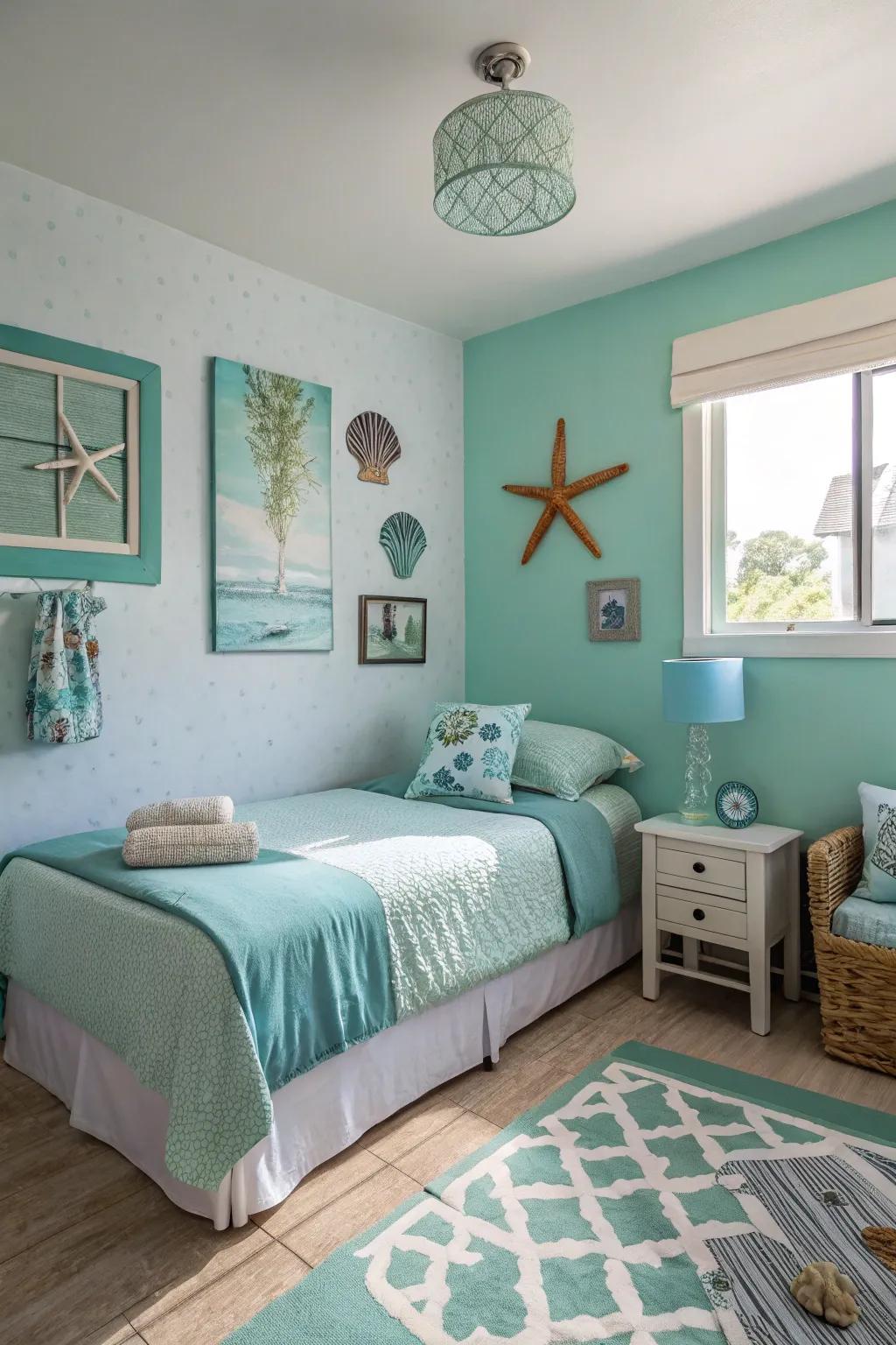 Marine-like colors soothe and accentuate the fishing theme.