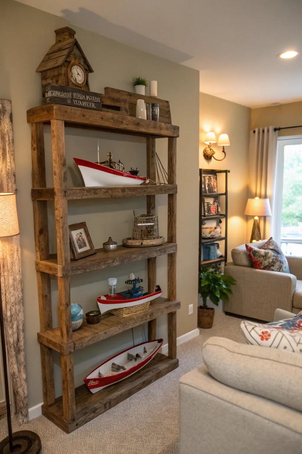 Reclaimed wood shelves showcase fishing decor.