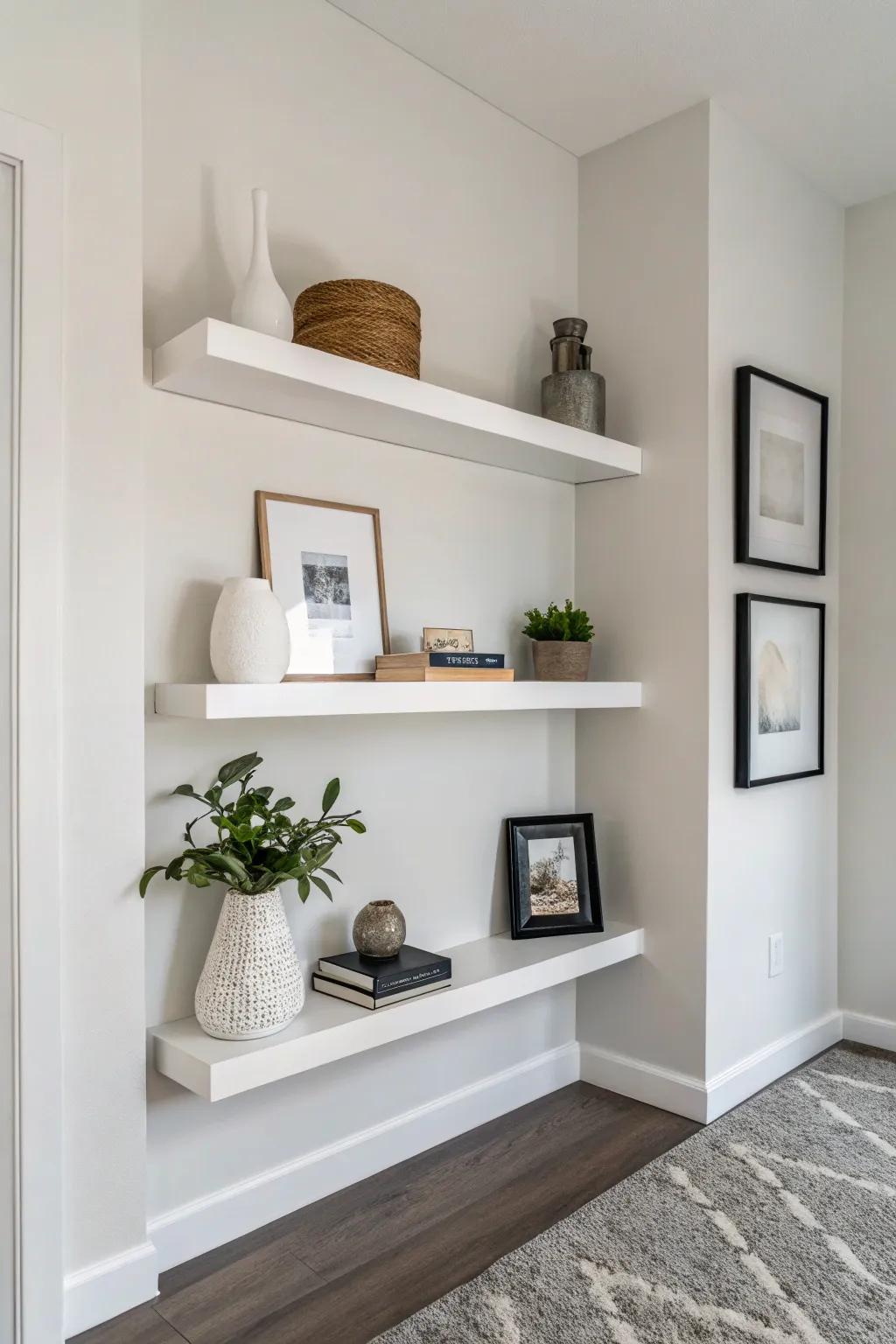 Minimalist floating shelves offering a clean and simple design.