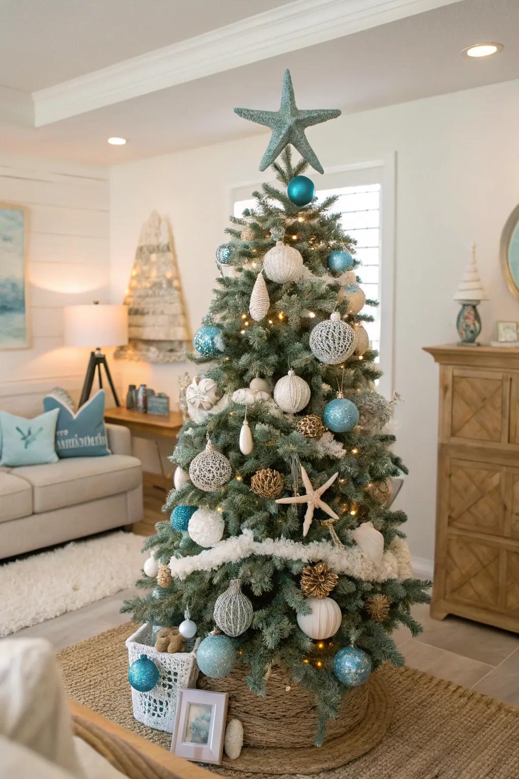 A coastal-themed flocked Christmas tree inspired by the sea.
