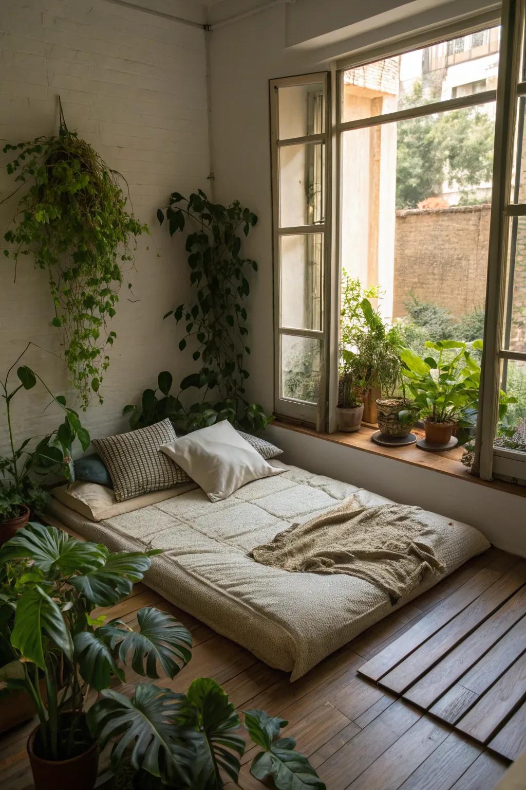 Greenery adds a refreshing touch to small spaces.