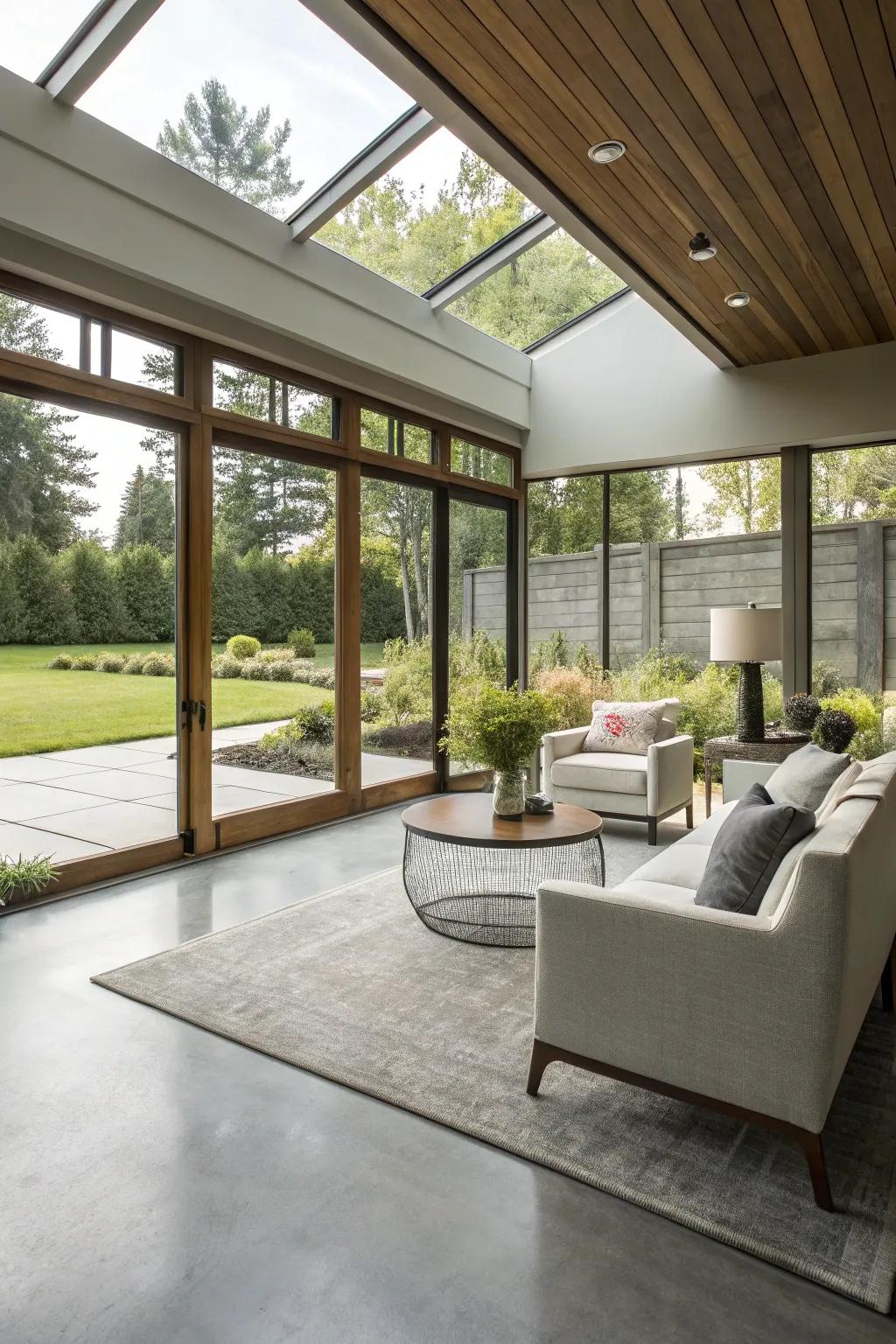 Urban chic sunroom showcasing streamlined concrete flooring.