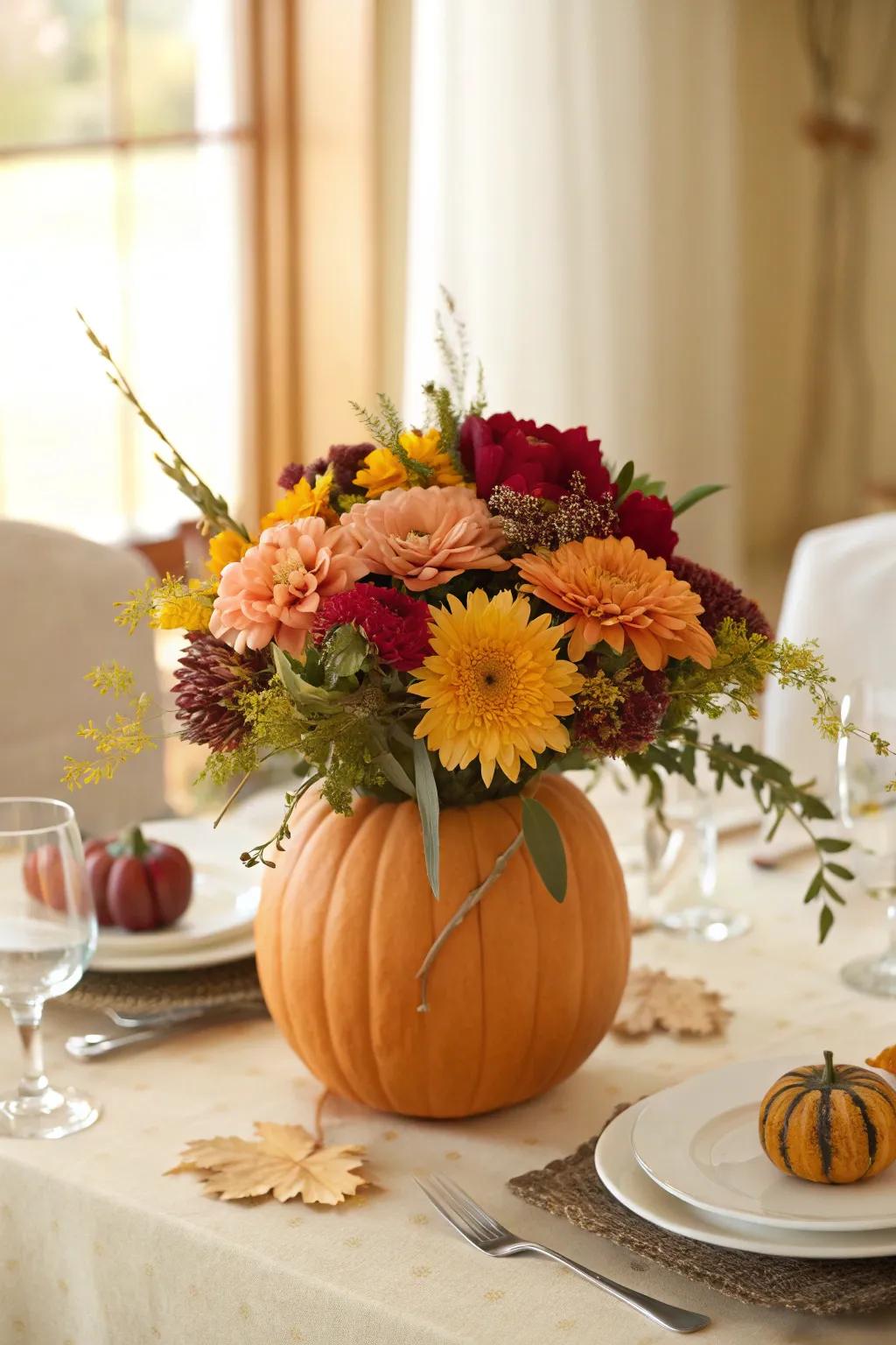 Autumn flower centerpiece in a squash container, bringing a seasonal touch to the table.