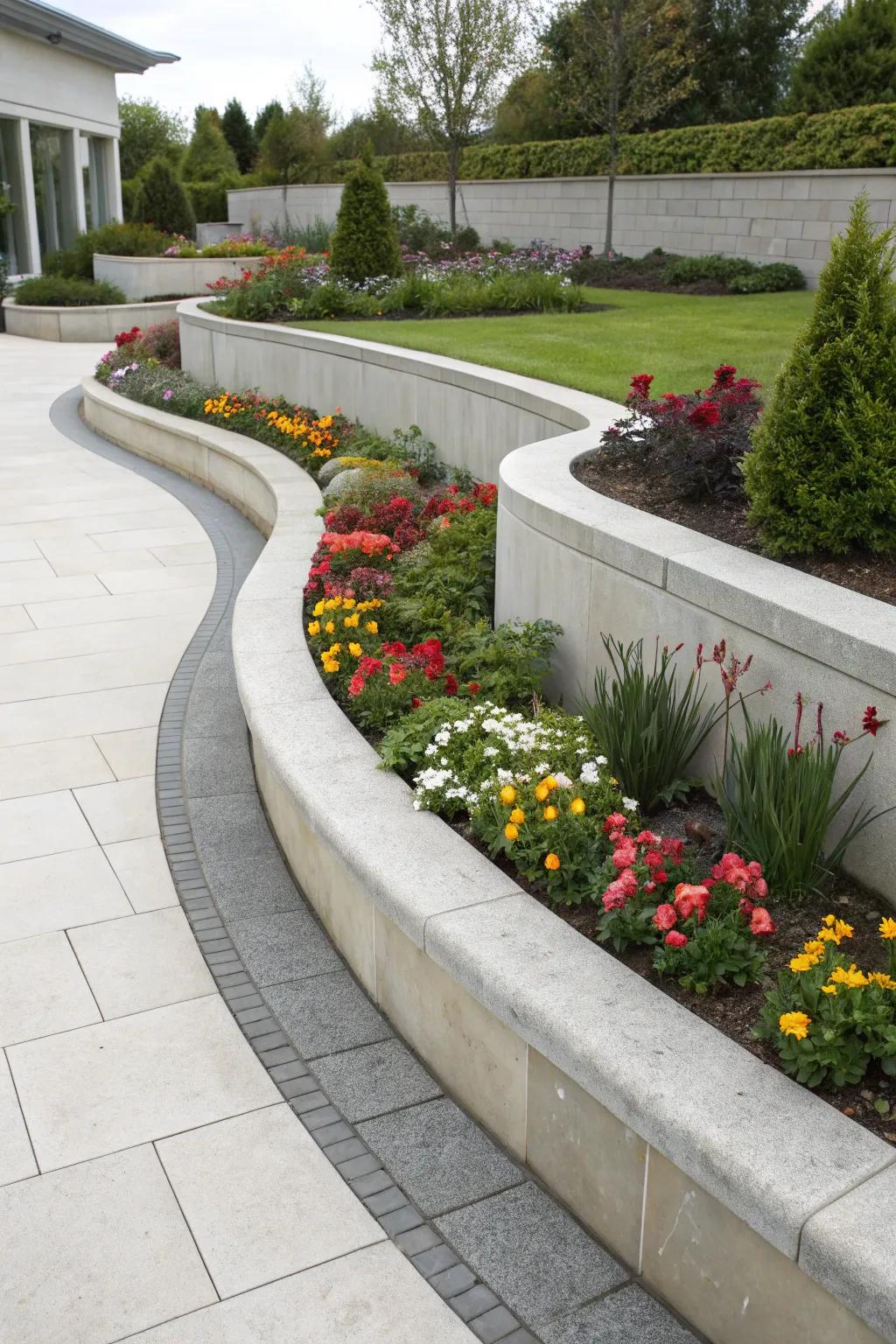 Contoured stone compound borders inject a modern twist into flower beds.