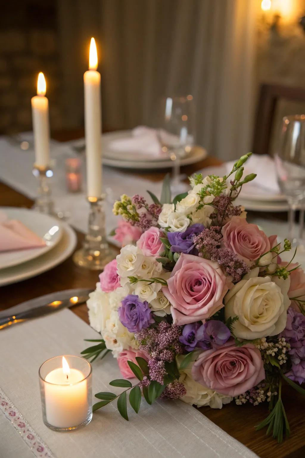 A romantic bouquet bestowing elegance upon a candle-lit dining encounter.