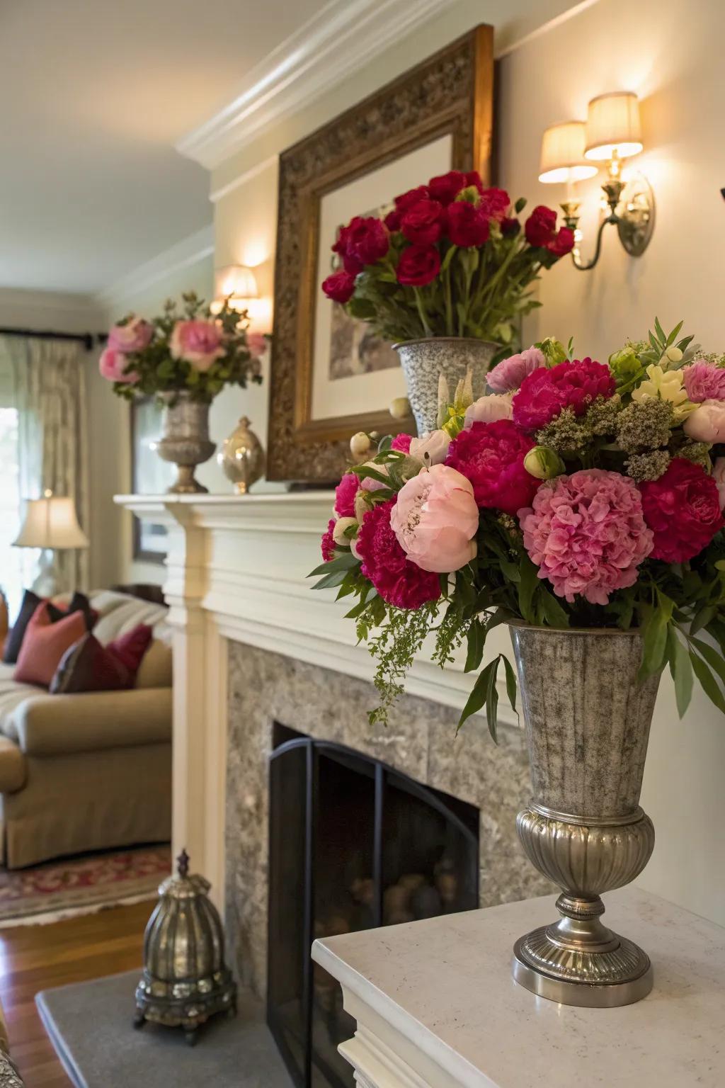 Season-inspired flowers contribute a rejuvenated sensation to your fireplace.