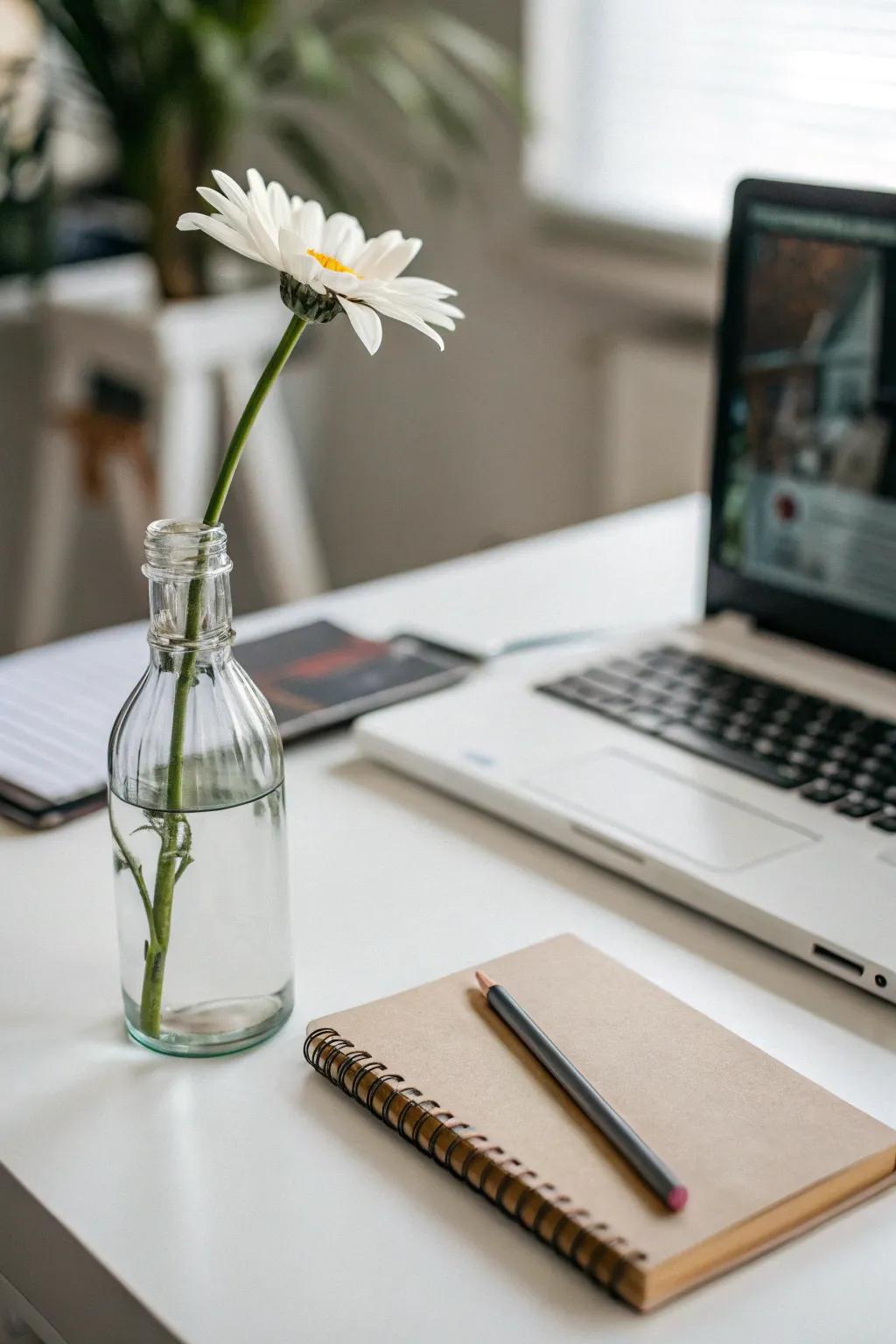 A solitary stalk inside a clear bottle delivers minimalist sophistication.