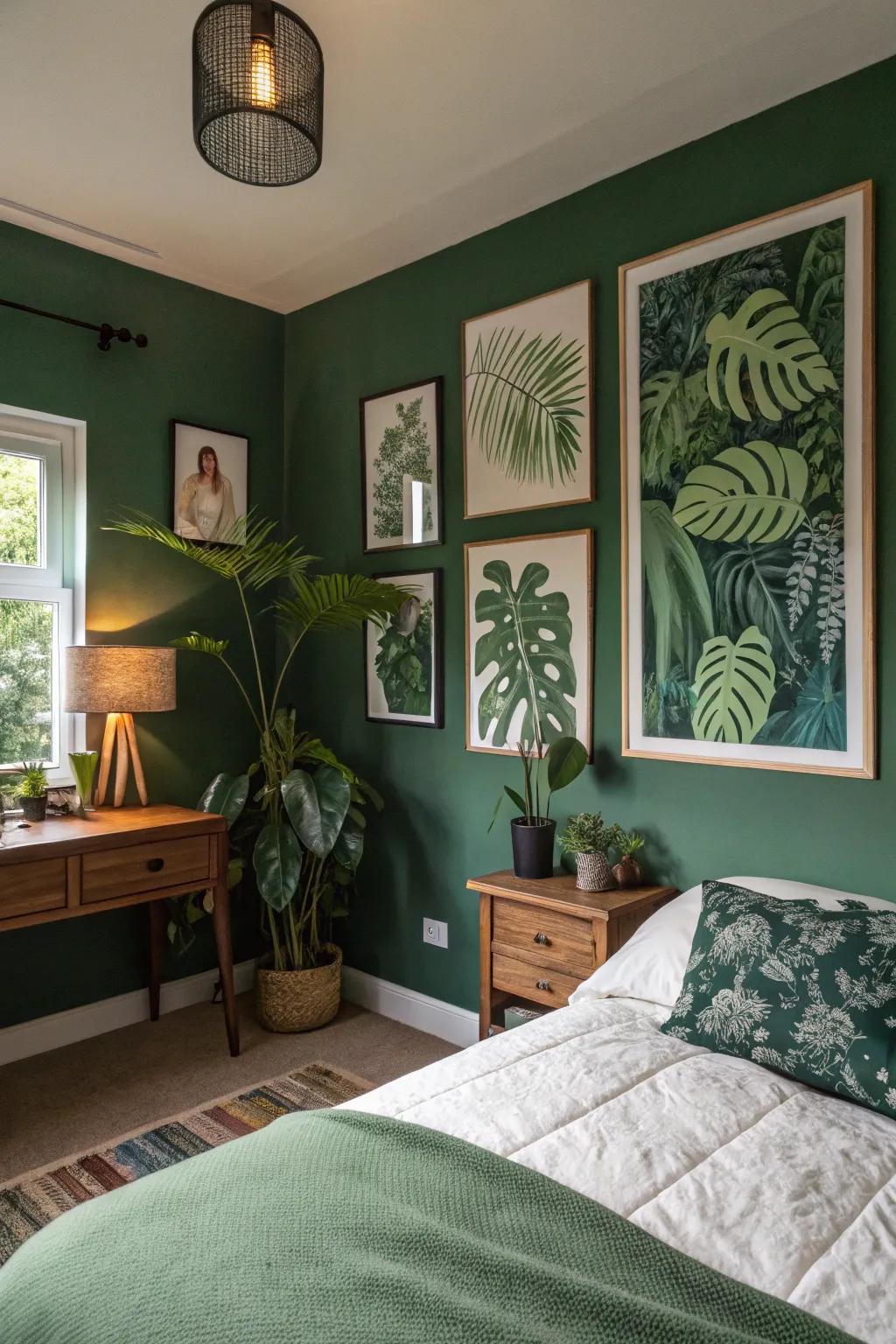 Green artwork emphasizes the nature feeling of the bedroom.