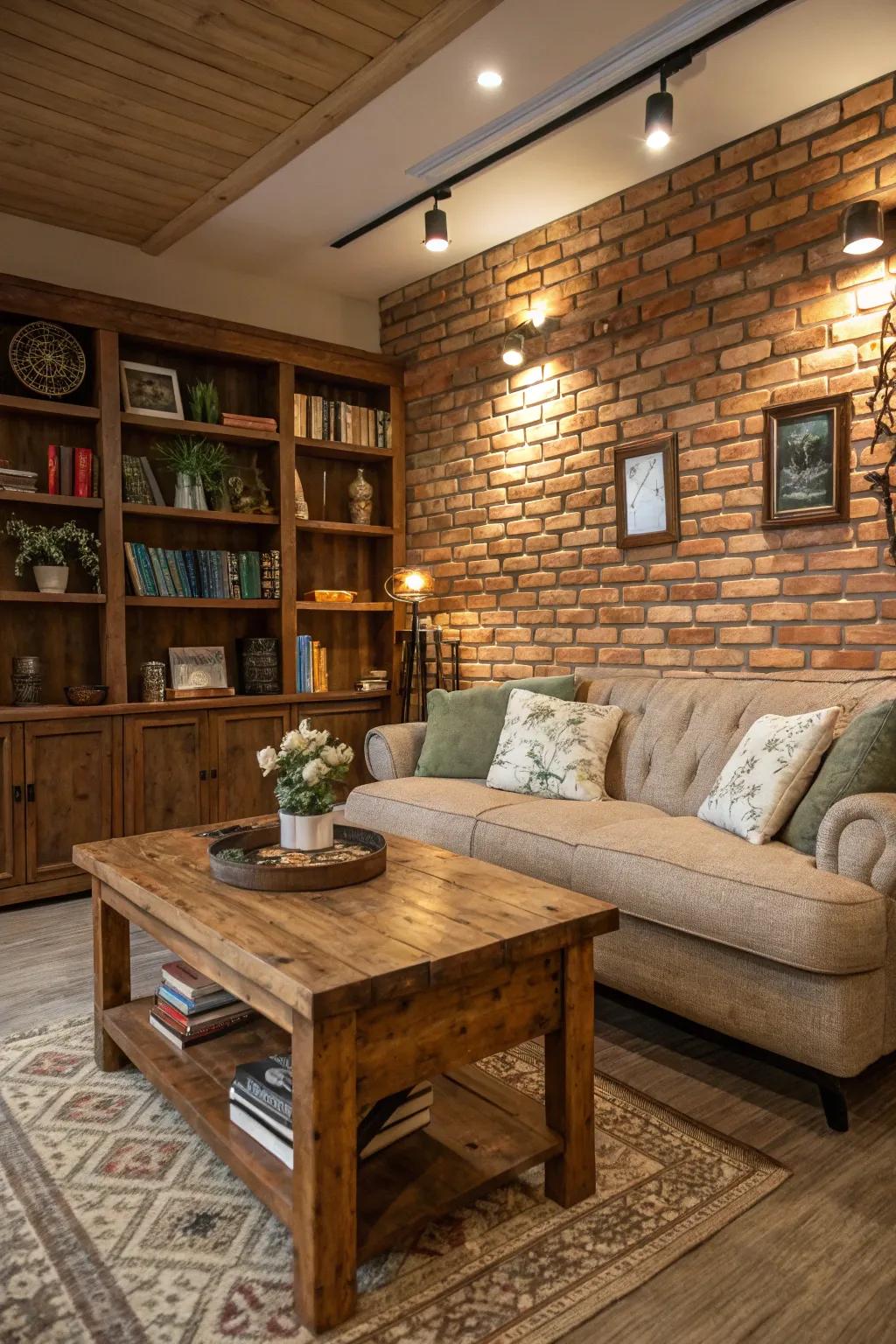 A cozy room featuring a faux brick accent wall.