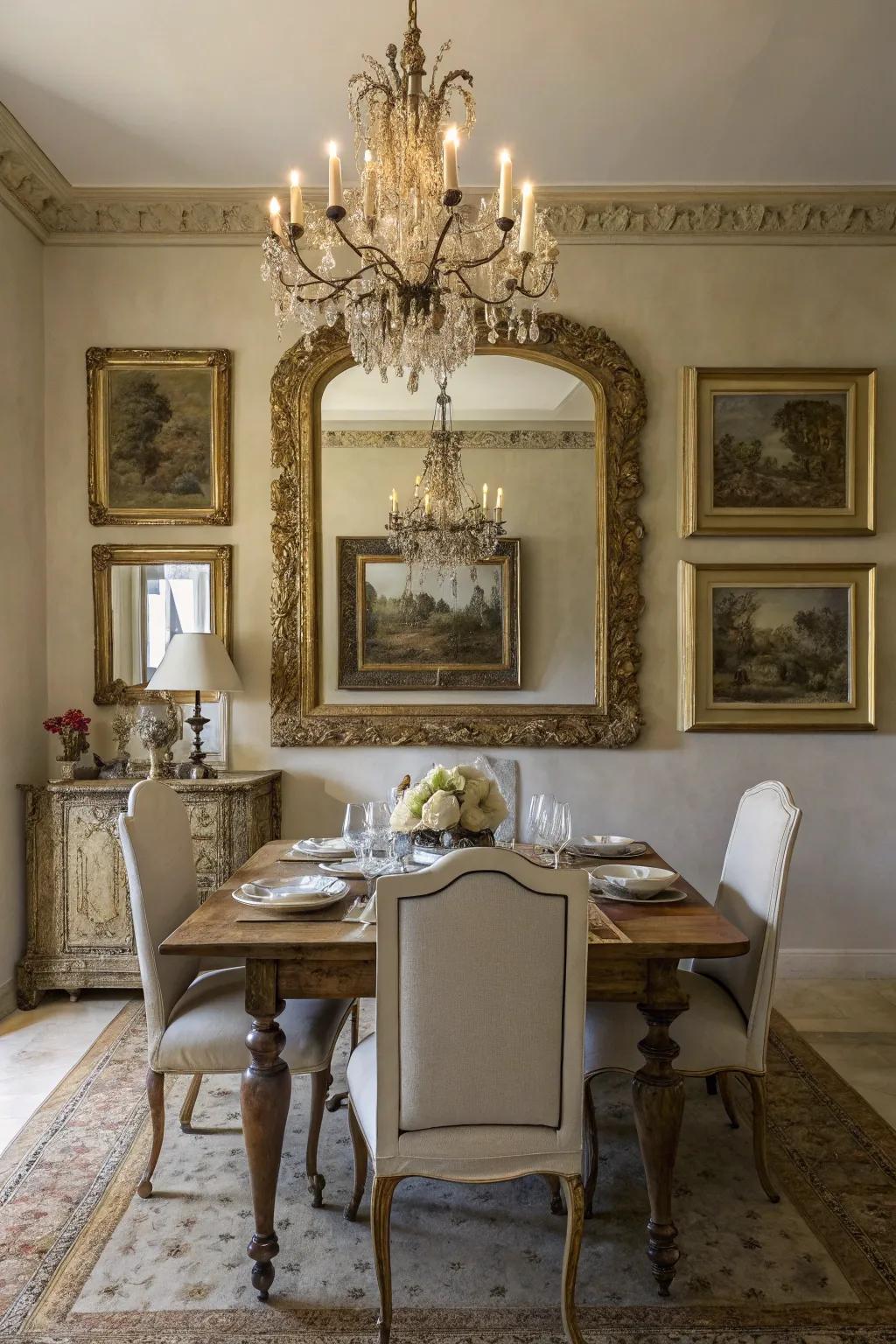 Mirrors and art add depth and beauty to the space.