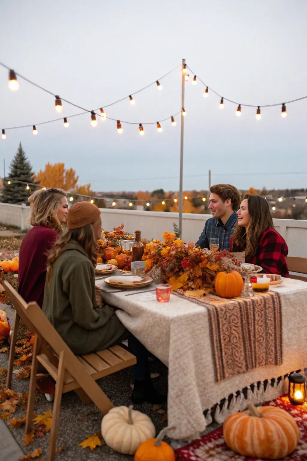 A captivating outdoor Friendsgiving setting beneath shimmering lights.