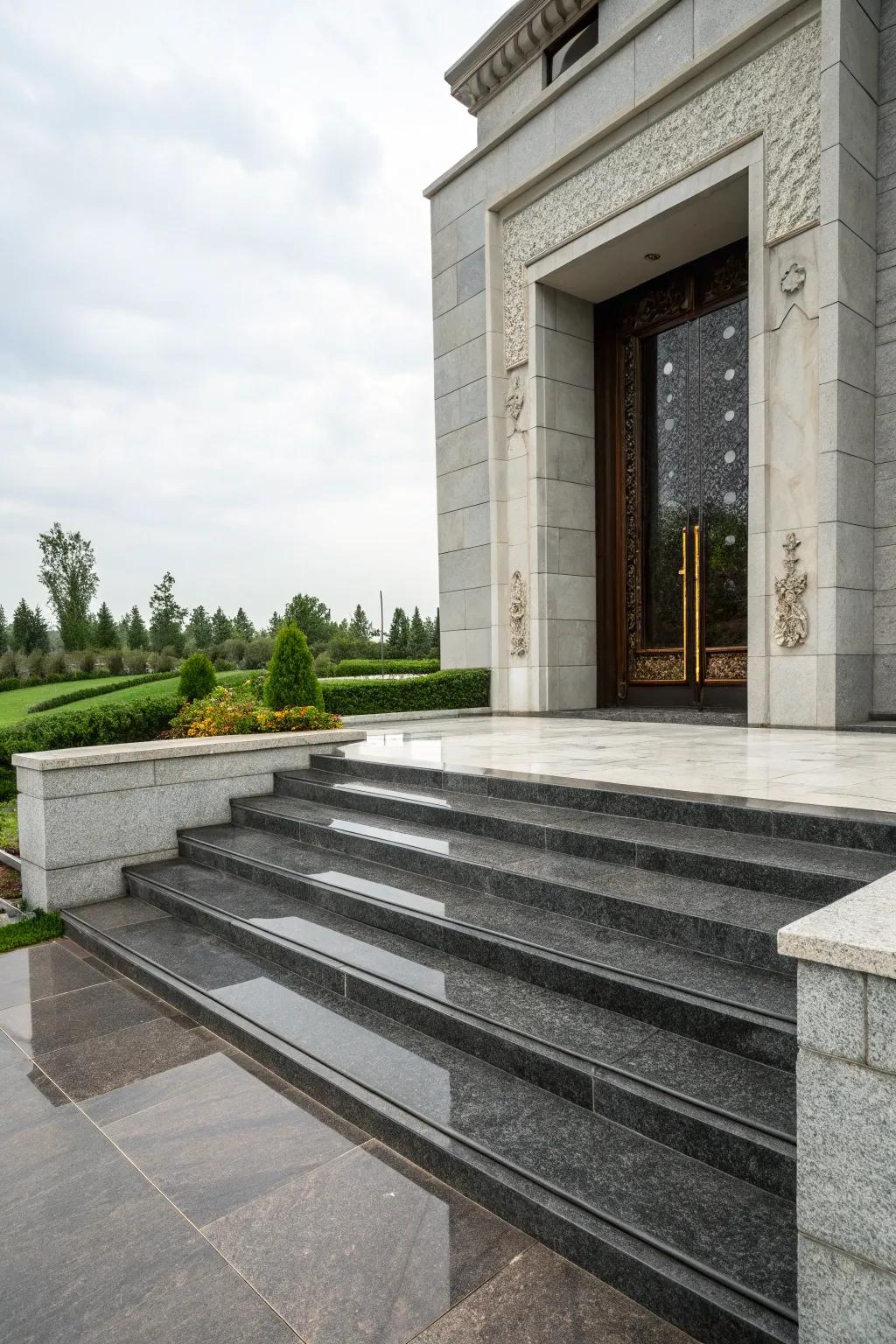 Multi-tiered slate steps create a grand entrance.