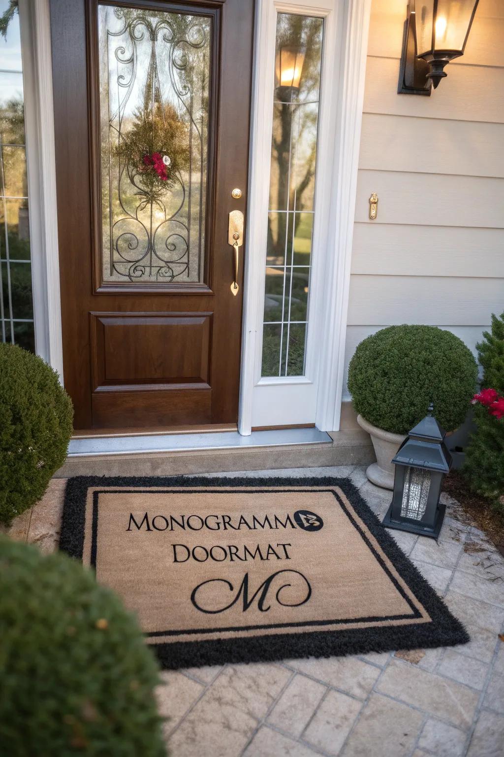 An elegant monogrammed doormat at the entryway.