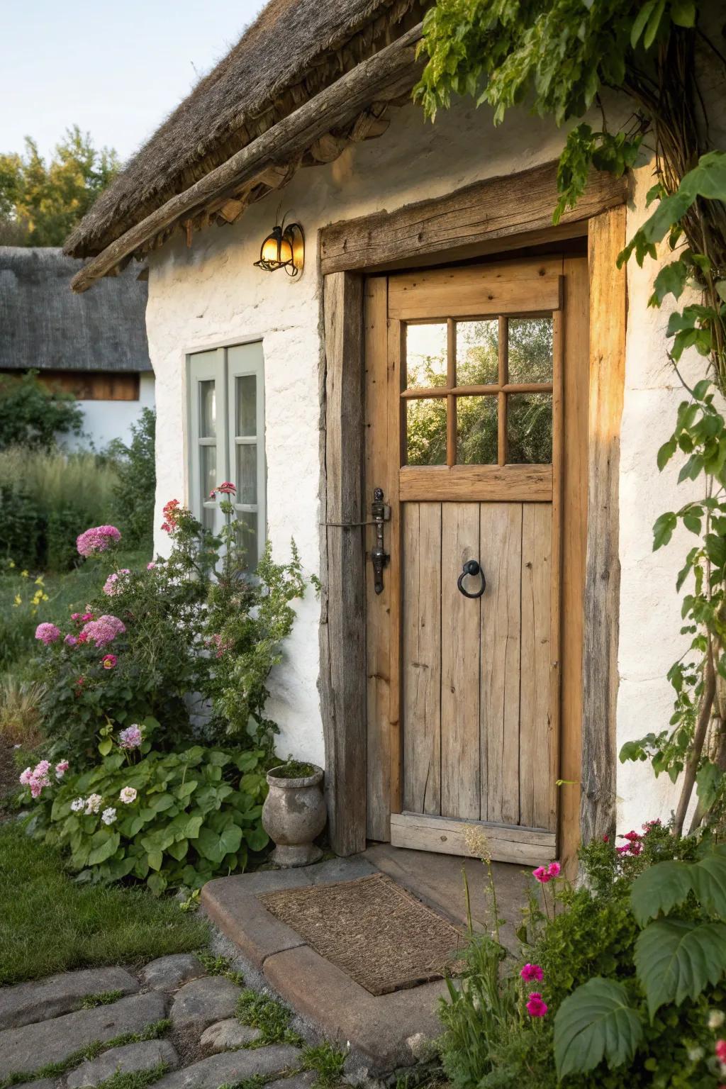 Country charm comes alive with a wooden door and sidelight frame.