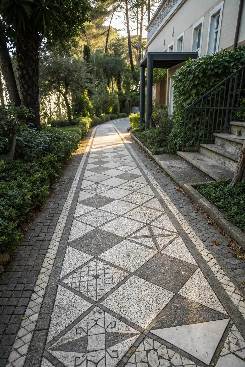 A fashionable path featuring a bold geometric paving design.