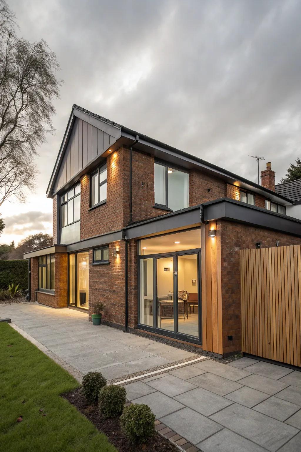 A modern home with a front extension employing diverse textures for added character.