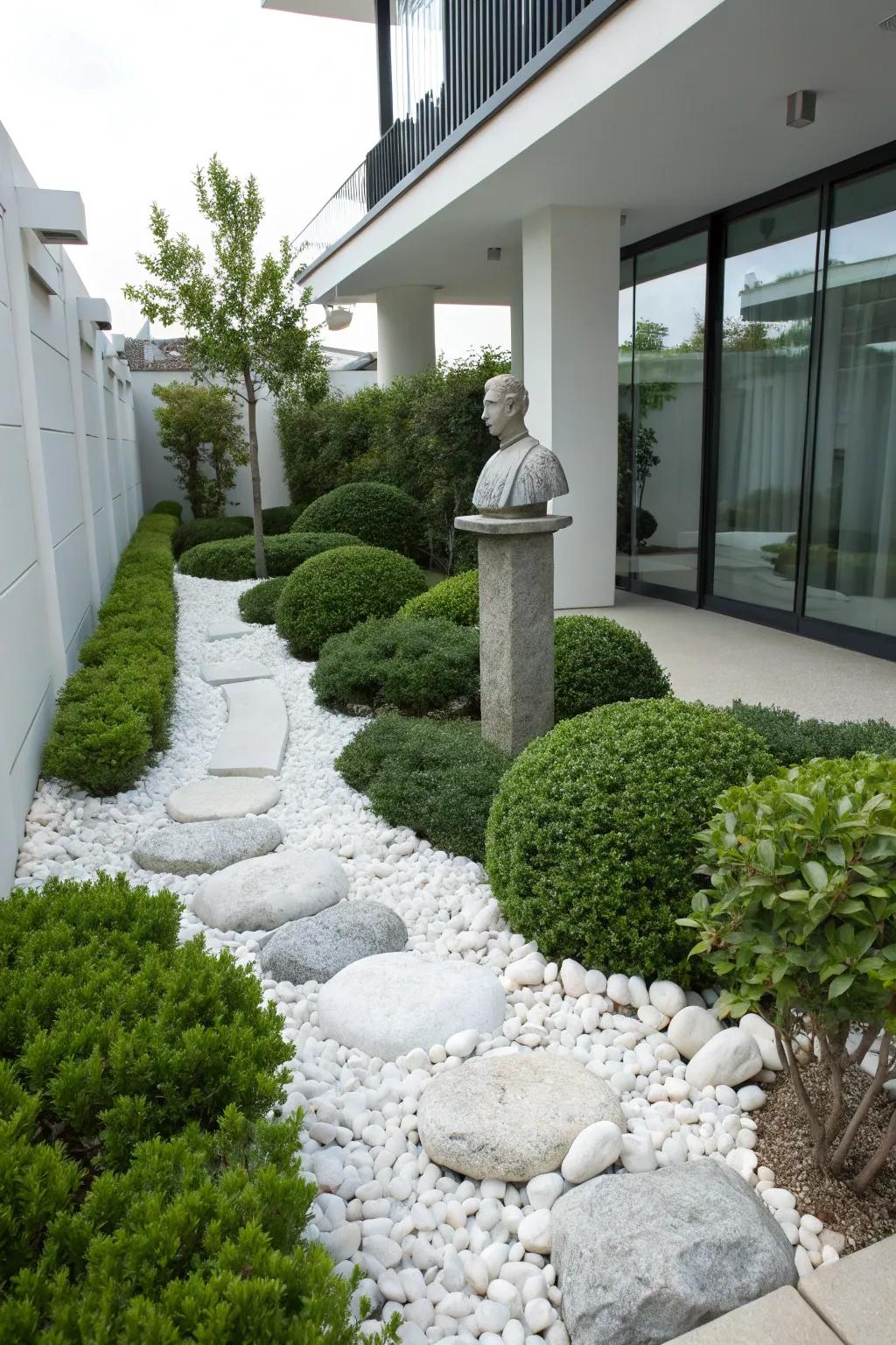 A sculpture amidst white rocks creates a striking focal point.