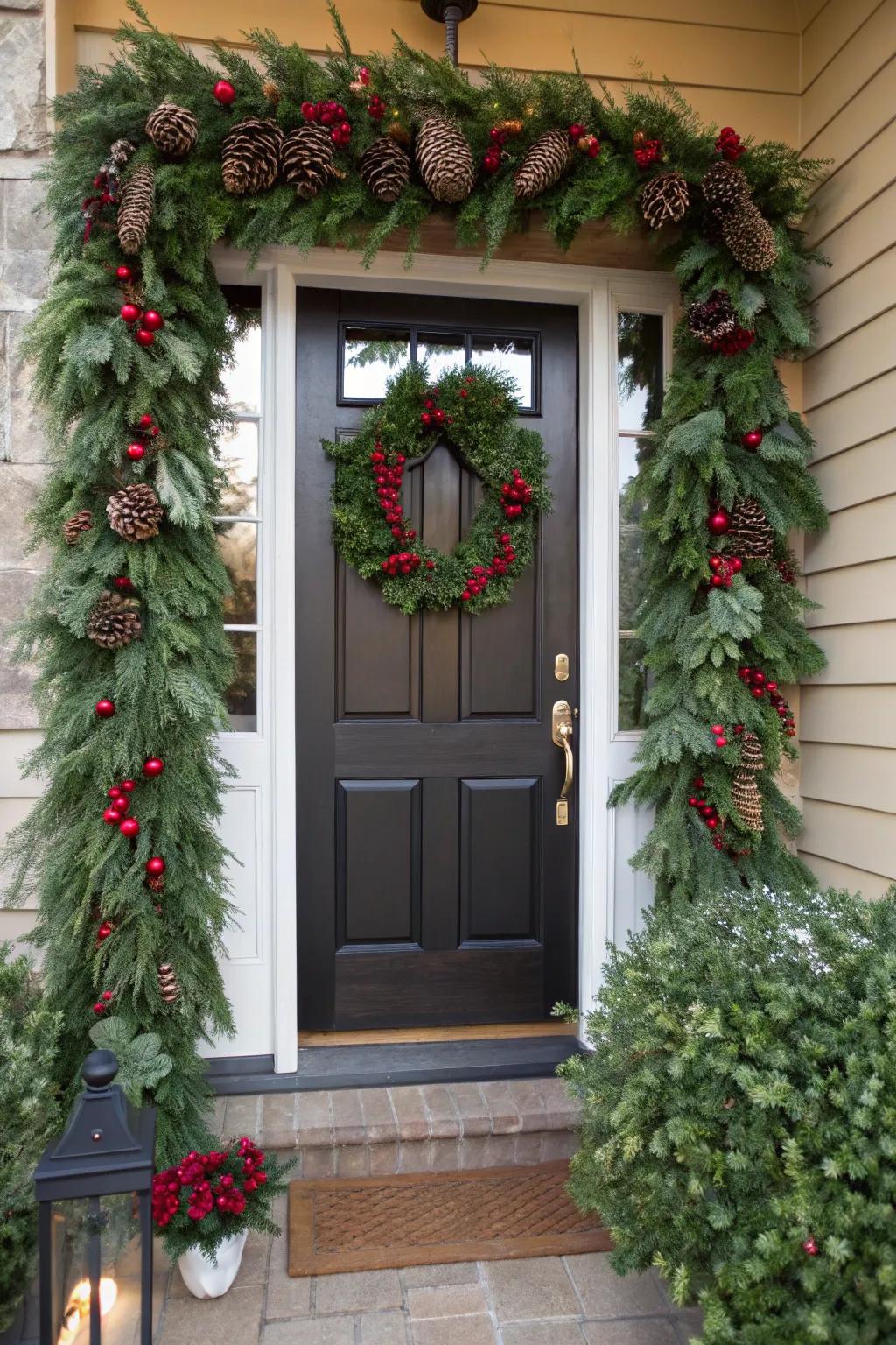 Verdant tapestries fashion a lush festive frame for your entryway.