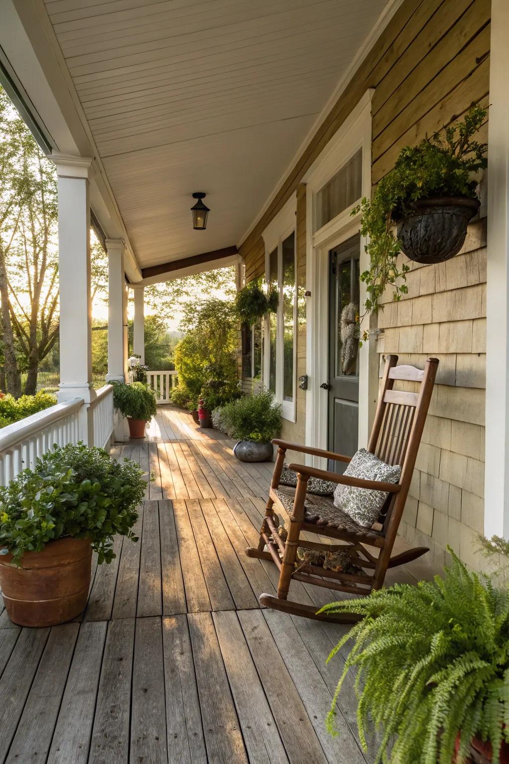 Lumber flooring introduces a timeless and snug ambiance to your porch.