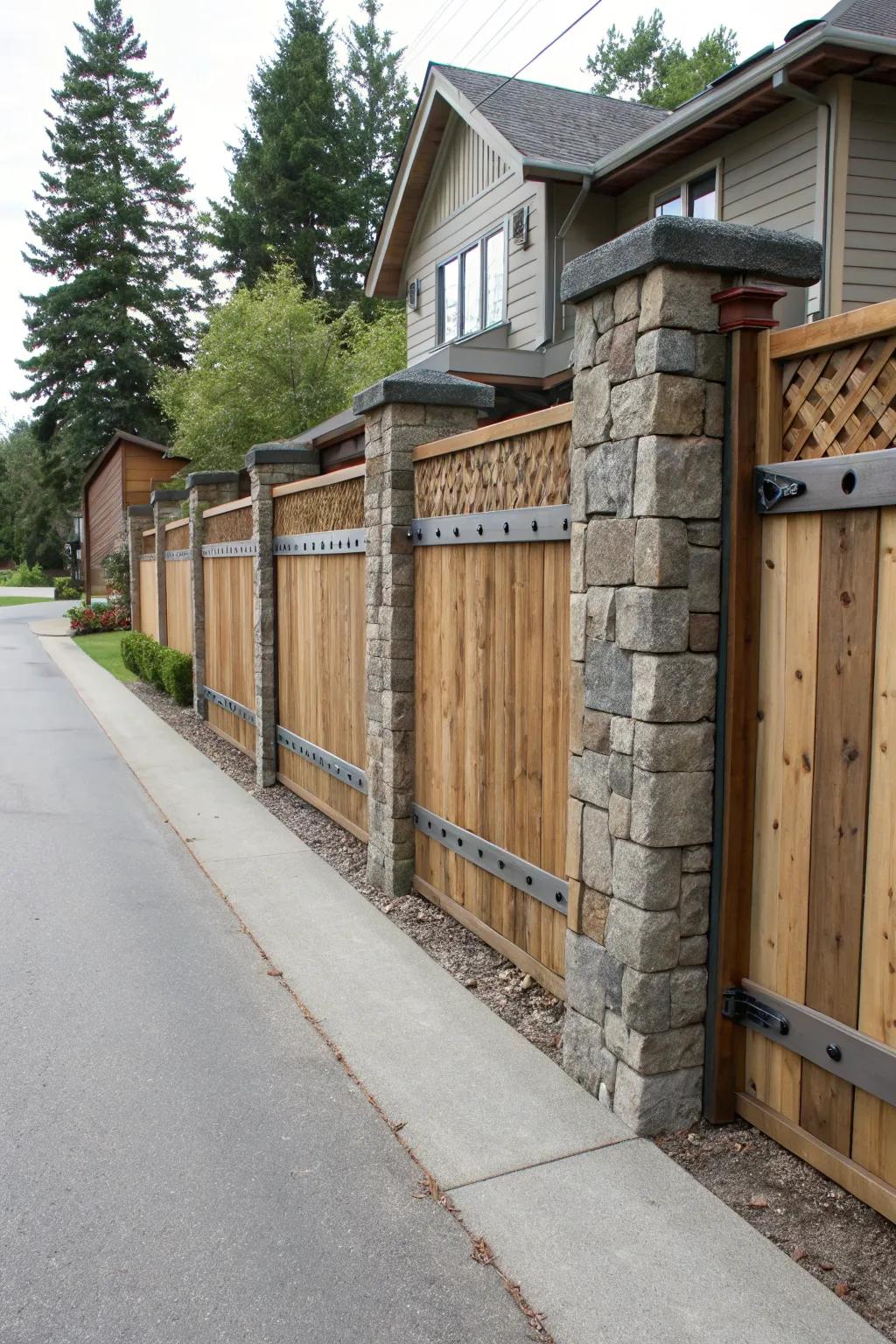A distinctive boundary design integrating timber, rock, and metal elements introduces sophistication.