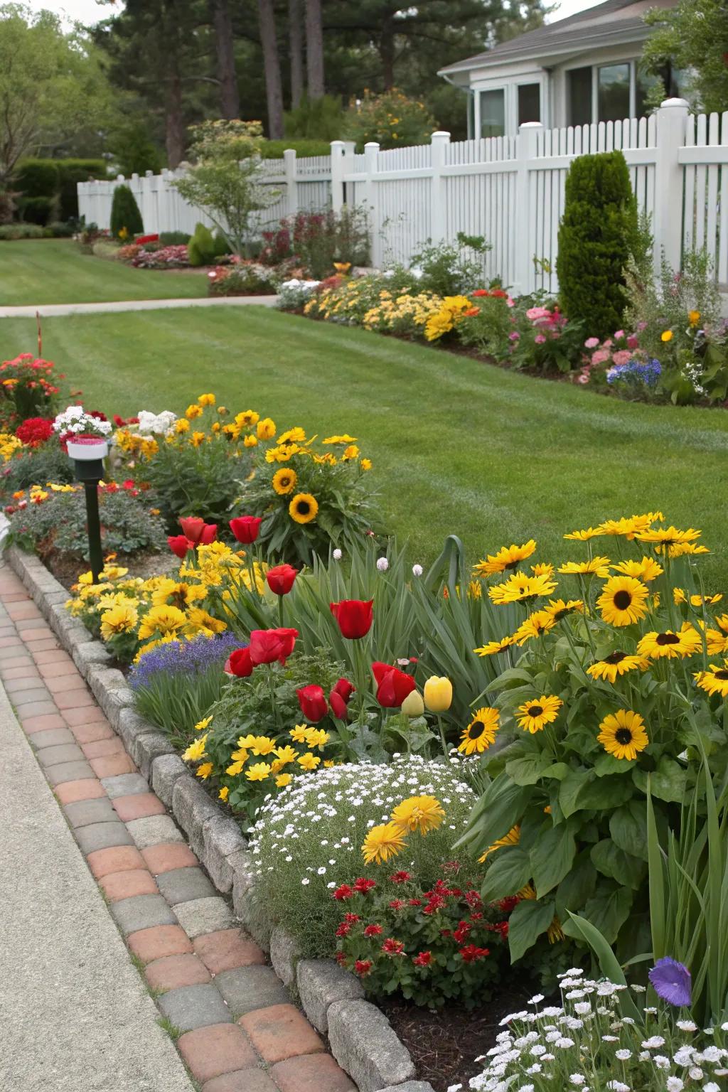 Layered planting yields depth and captivating visual interest in the flower beds.