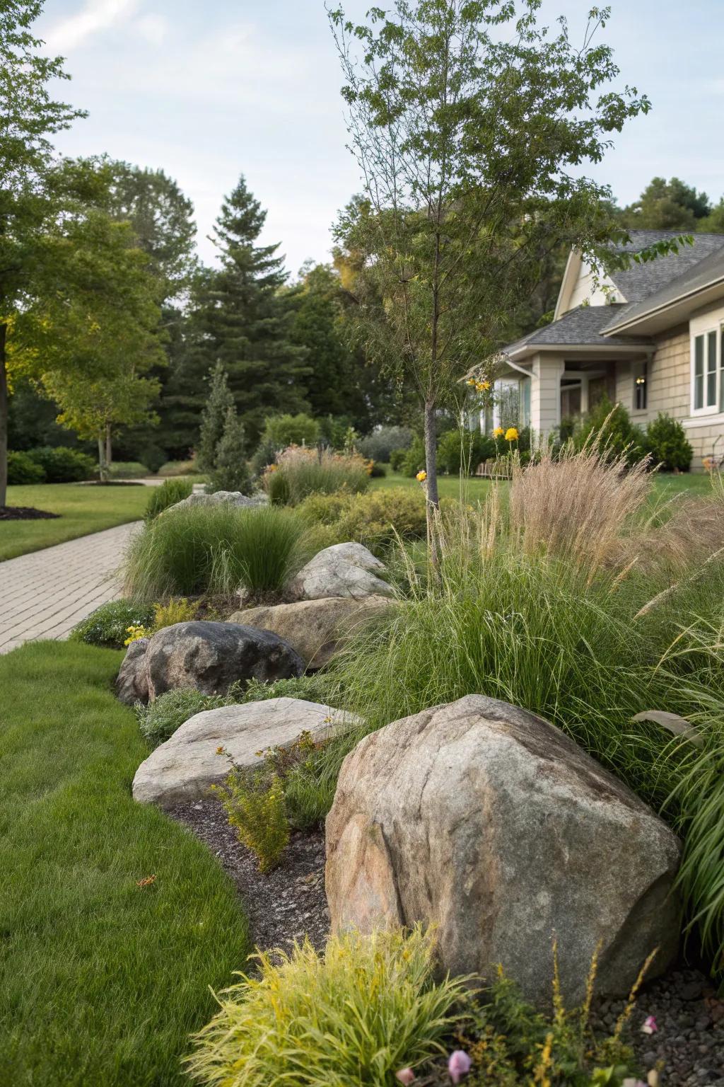Layer plants with rocks for a natural and textured landscape.