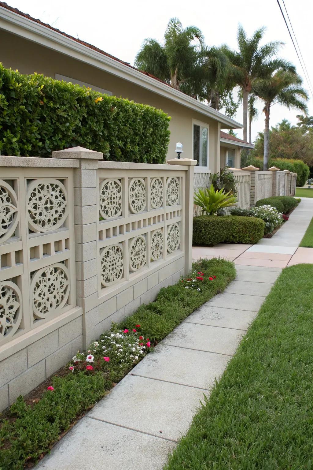 Ornamental cement bricks contribute a touch of modern design to privacy partitions.