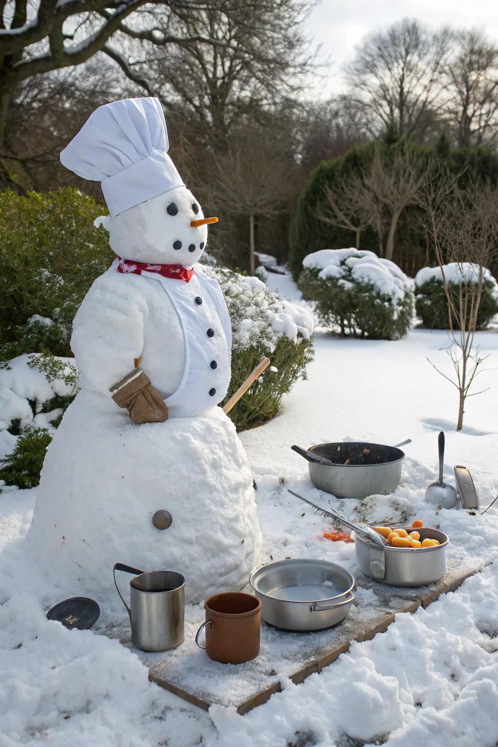 A snow-figure chef prepared to prepare some icy delights.