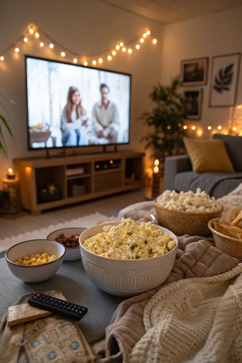 A snug setup for a Galentine's Day cinema celebration.