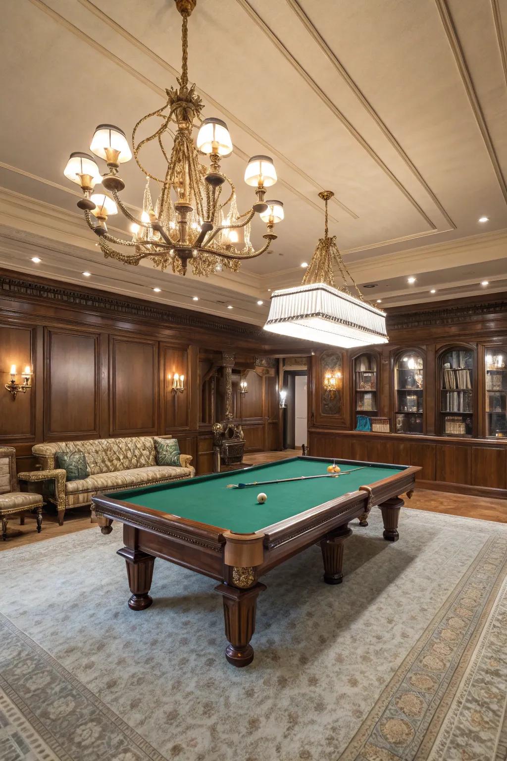A traditional accent employing a billiard table as the central feature.