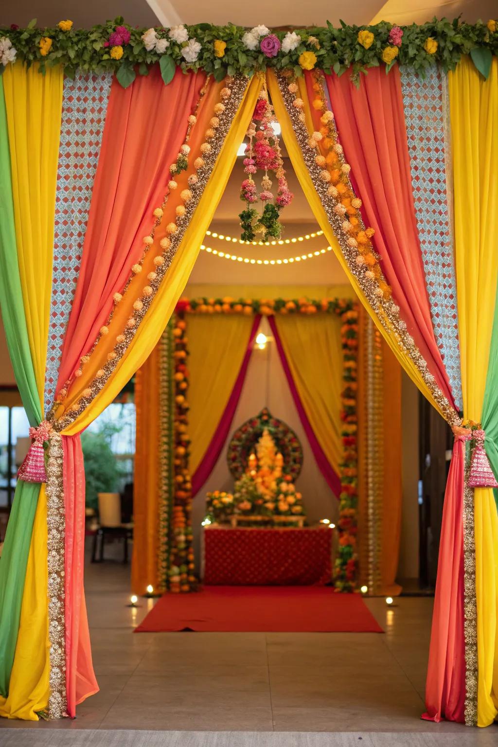 Exquisite and vibrant drapes encircling a Ganesh Chaturthi altar, conjuring a festive aura.