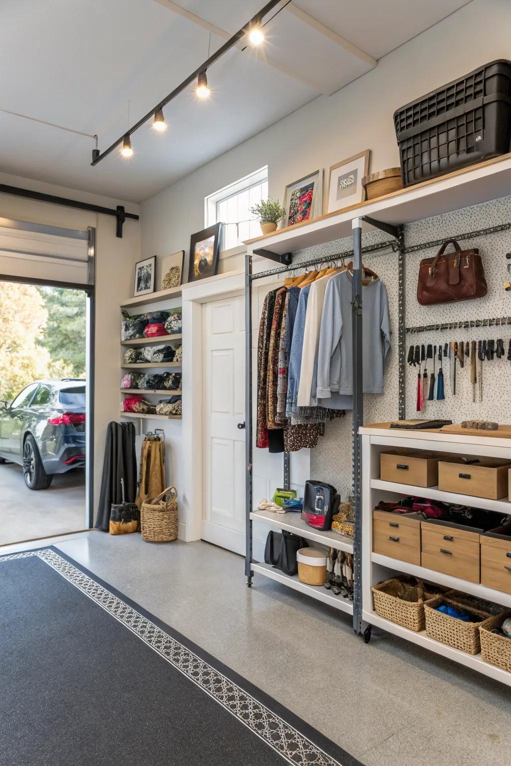 Creative vertical storage solutions in a garage shop.